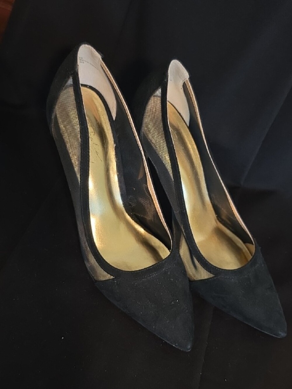 Thalian Black Pointed Suede Pumps with Gold Insole